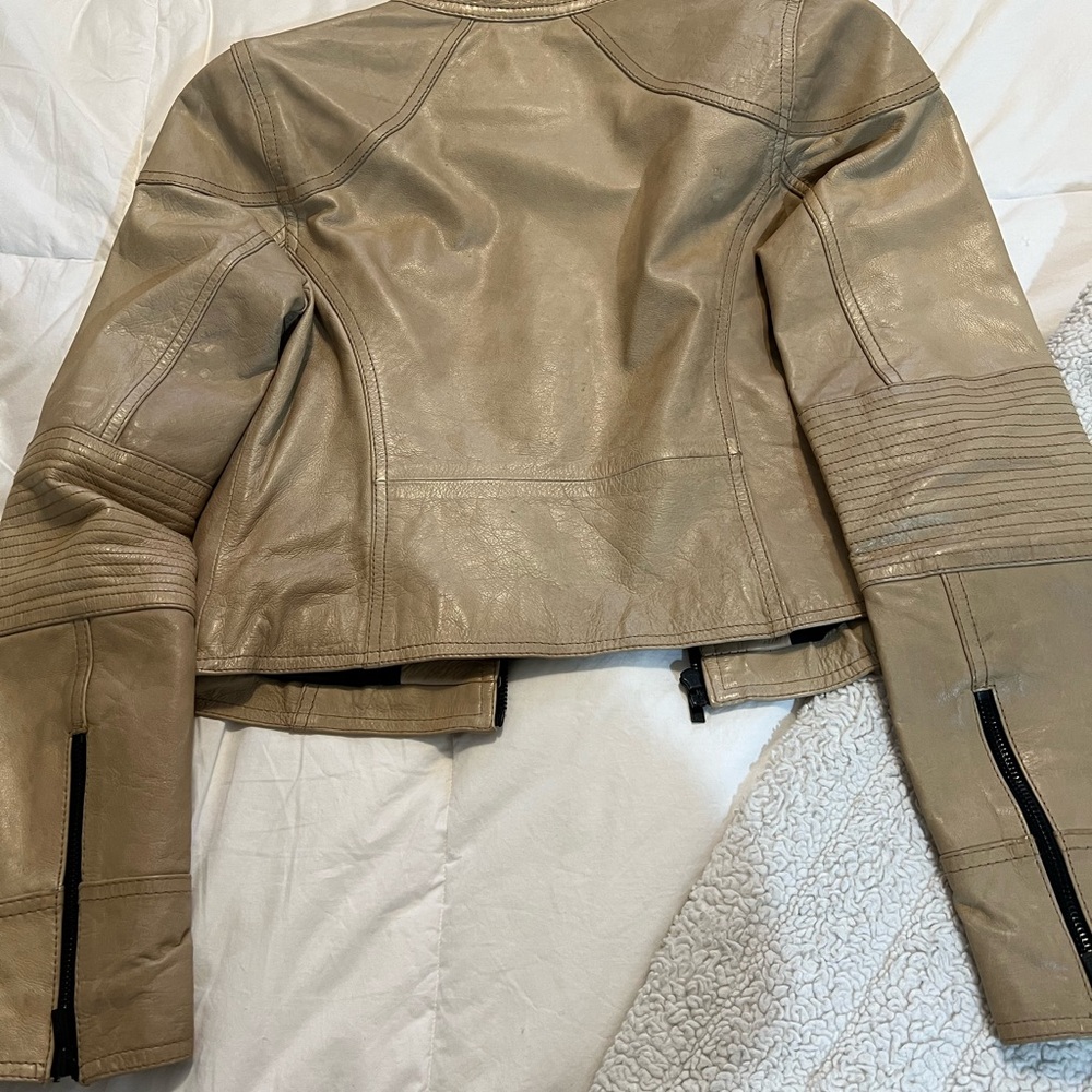 Tan Leather Jacket with Black Accents - Picture 4 of 5